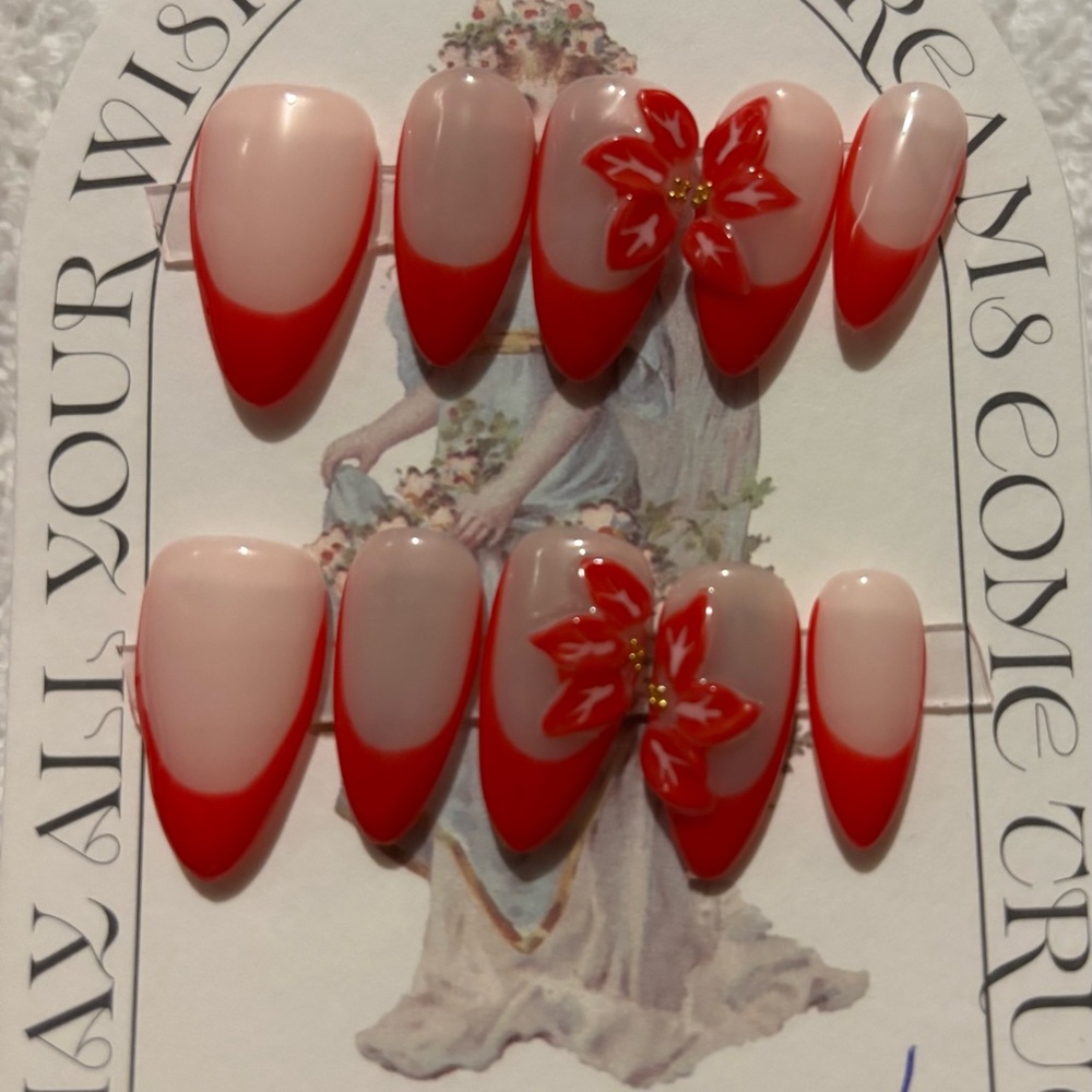 Red and Nude Press-On Nails with Floral Design